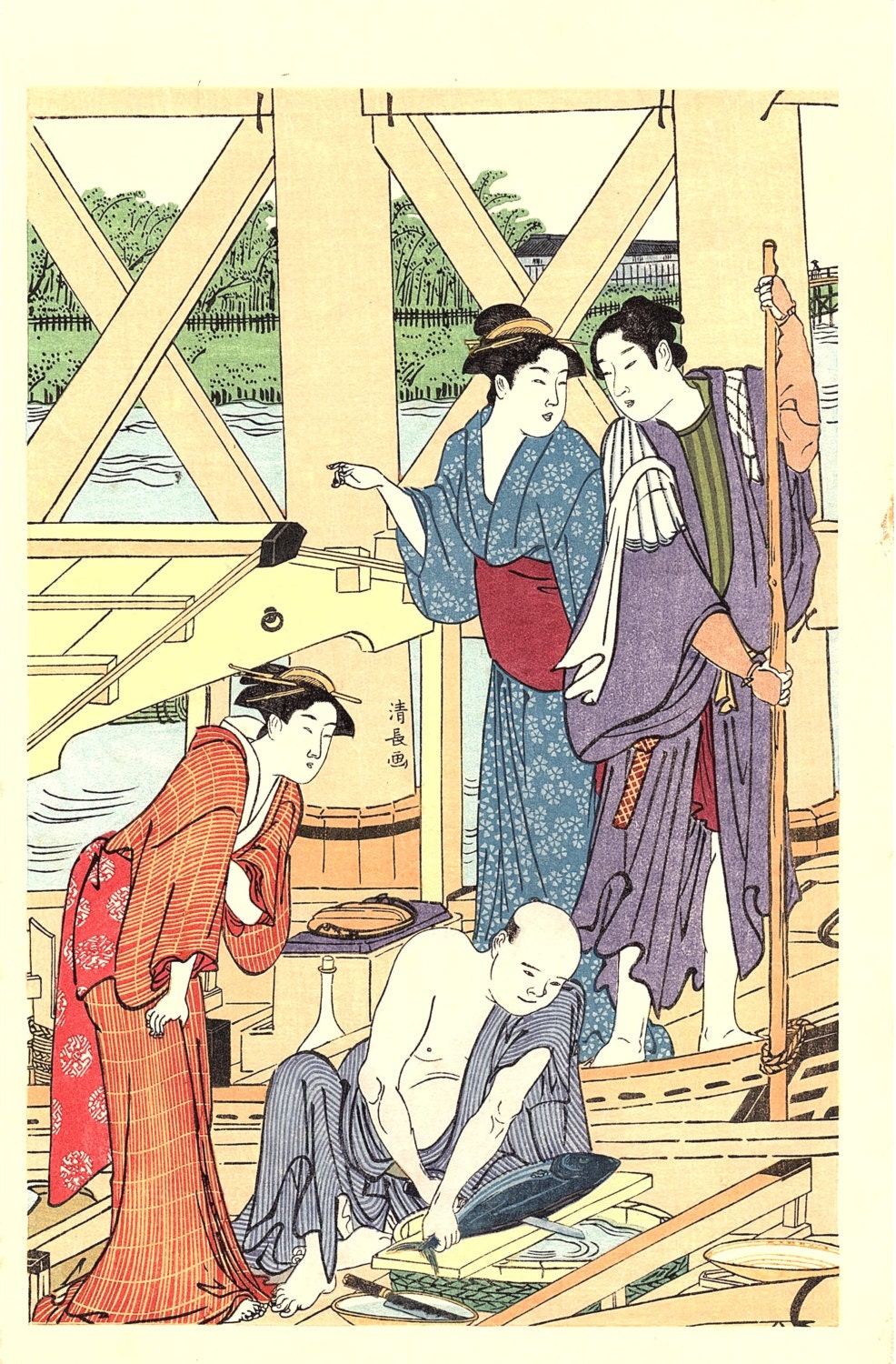 ese Ukiyoe, Woodblock print, antique, Kiyonaga, "A Boating Party under Azuma Bridge" 1