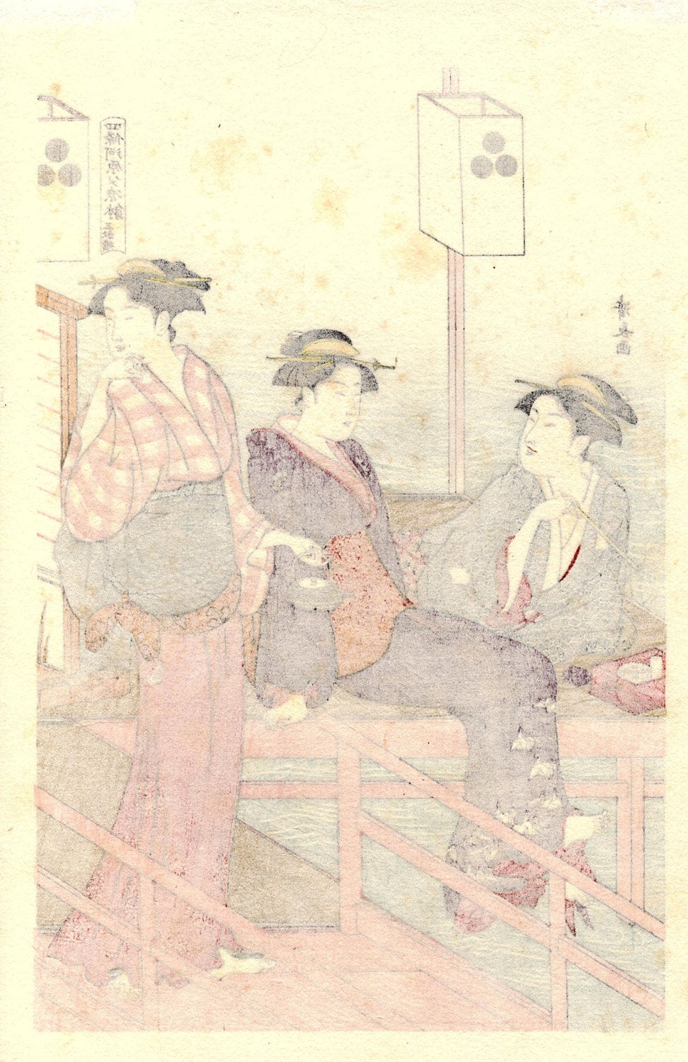 Japanese Ukiyoe, Woodblock print, antique, Kiyonaga, "Cooling off in the Evening at Shijo Riverbank" 1