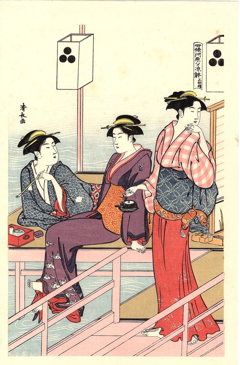 Japanese Ukiyoe, Woodblock print, antique, Kiyonaga, "Cooling off in the Evening at Shijo Riverbank" 1