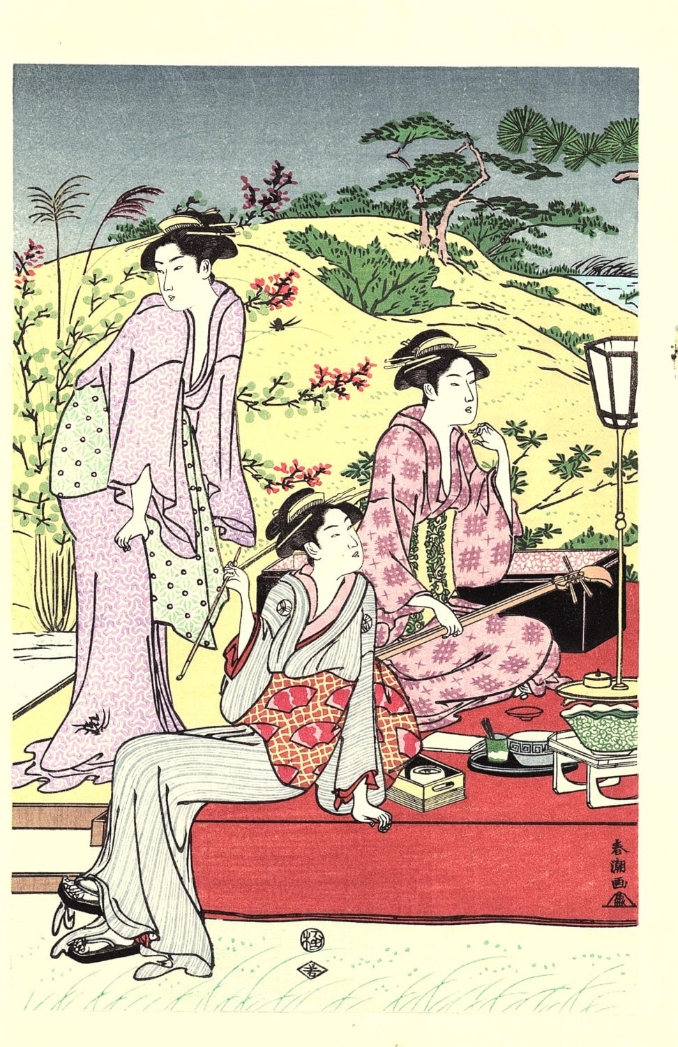 Japanese Ukiyoe, Woodblock print, antique, Katsukawa Shuncho, "A Picnic Party in Autumn" 2