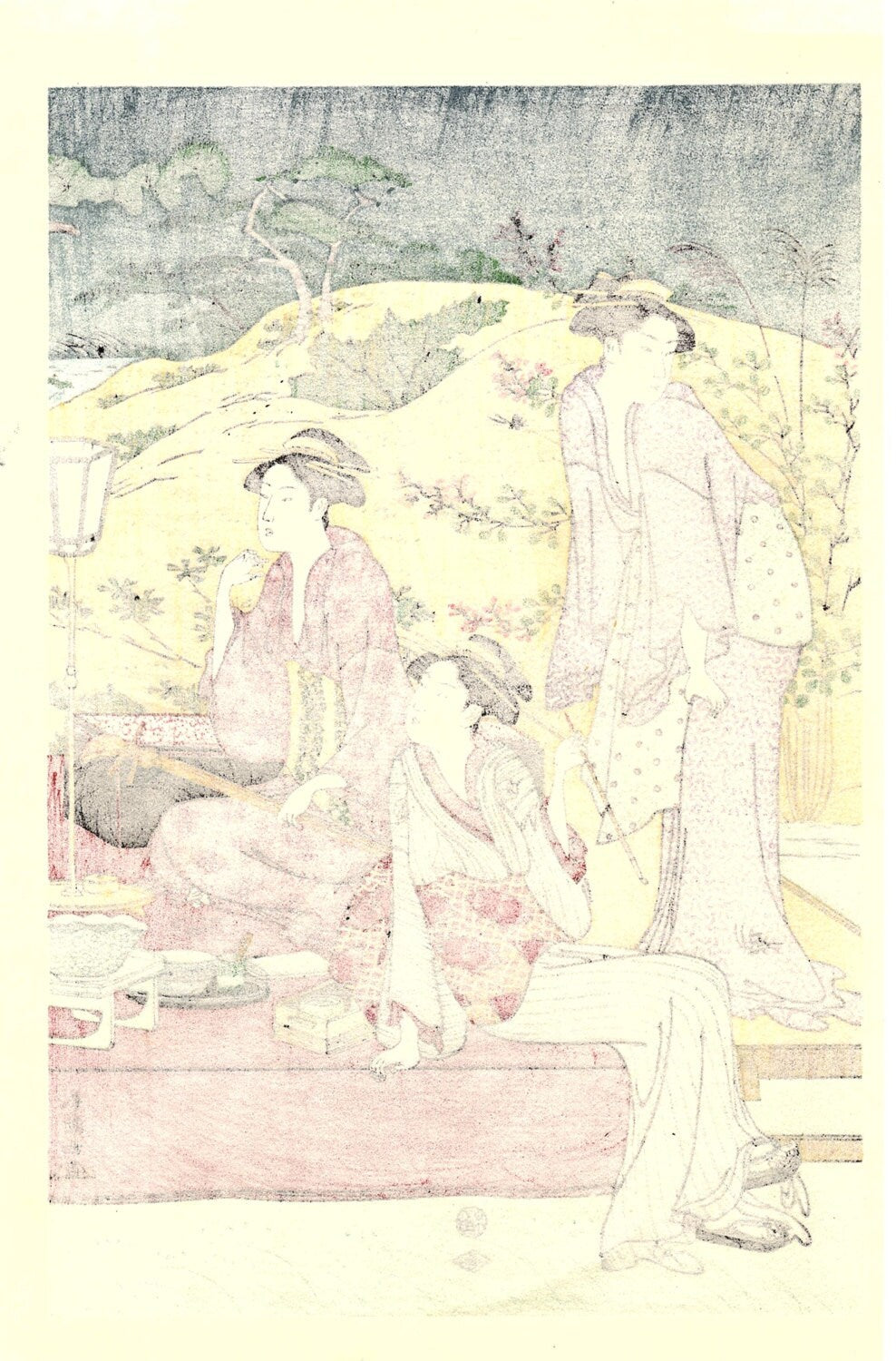 Japanese Ukiyoe, Woodblock print, antique, Katsukawa Shuncho, "A Picnic Party in Autumn" 2