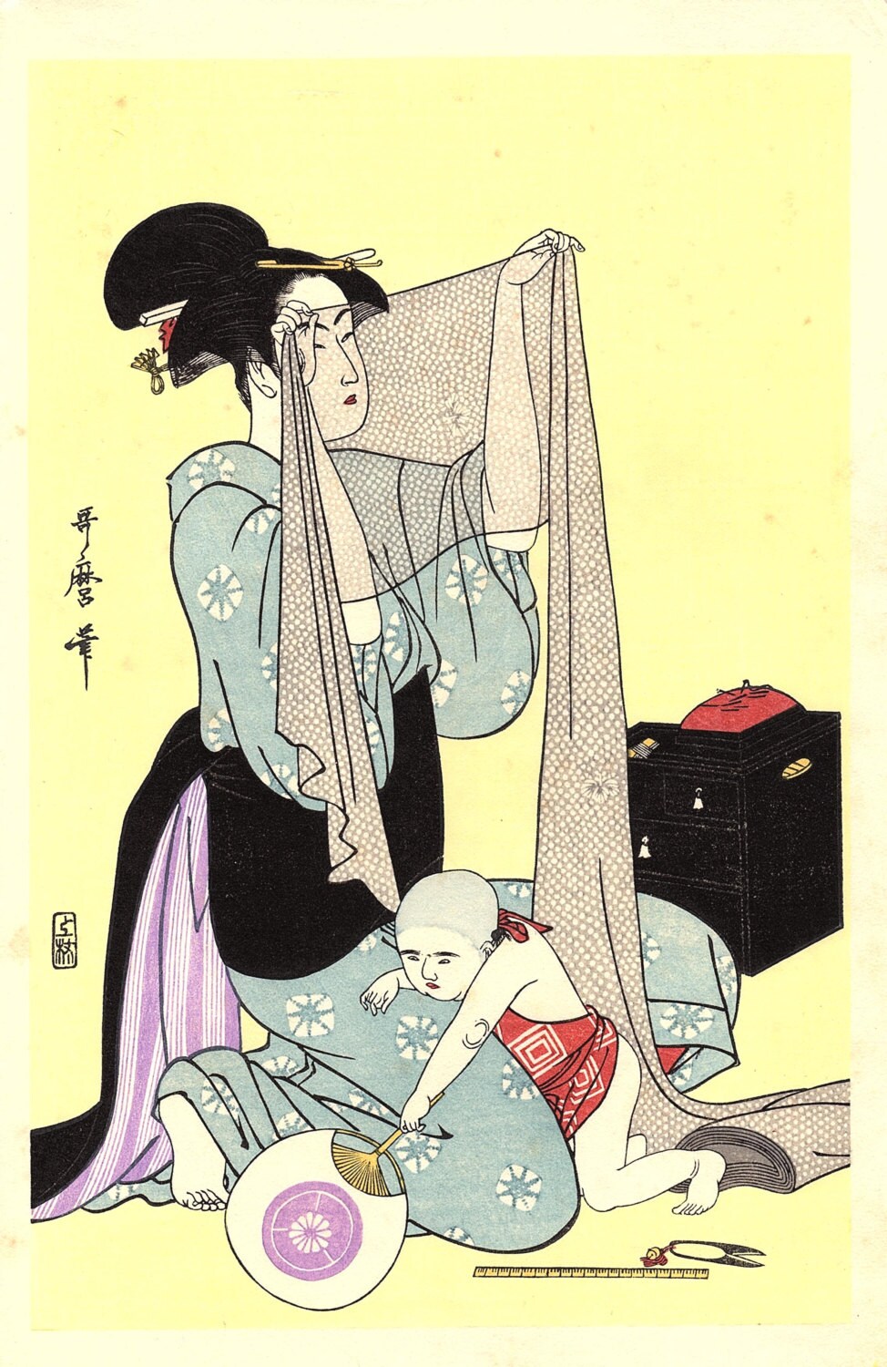 Japanese Ukiyoe, Woodblock print, antique, Utamaro, "Needlework" 3