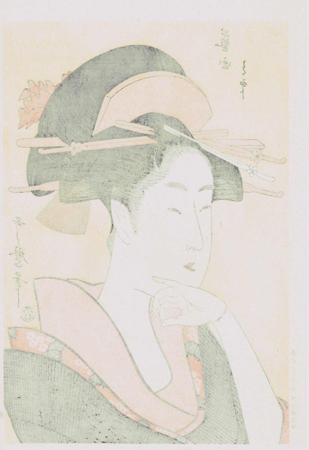 Japanese Ukiyo-e Woodblock print, Utamaro, "Portrait of a Courtesan"