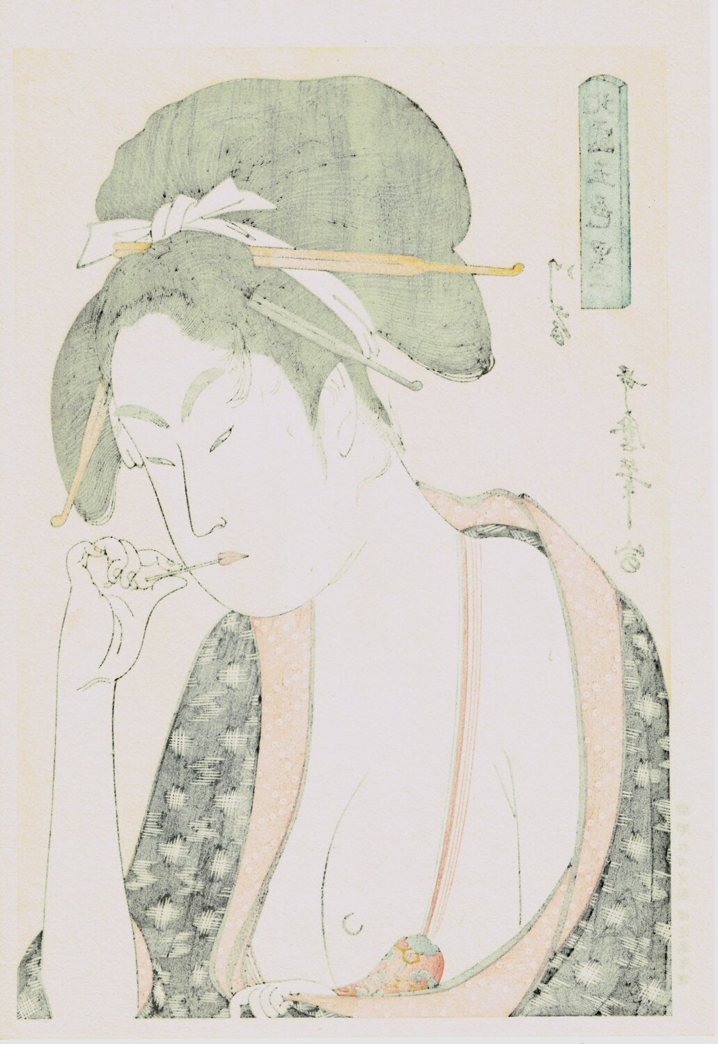 Japanese Ukiyo-e Woodblock print, Utamaro, "5 Shades of Ink in the Northern Quarte, Moatside Prostitute"