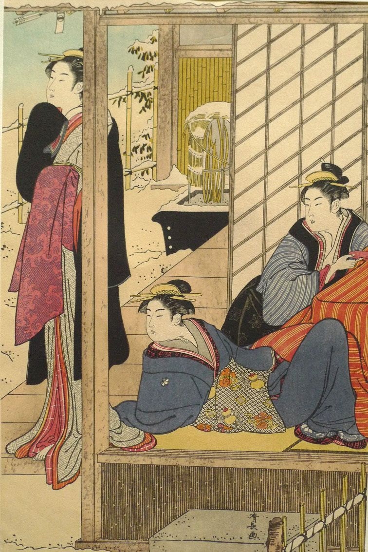 Japanese Ukiyo-e Woodblock print, Kiyonaga, "Women in Snowy Garden (right)"