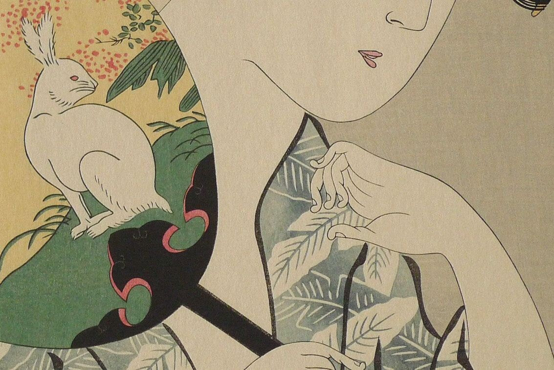 Japanese Ukiyoe, Woodblock print, antique, Tamagawa Shucho, "An Elegant Series of Amulet Painting, Rabbit and Cock"