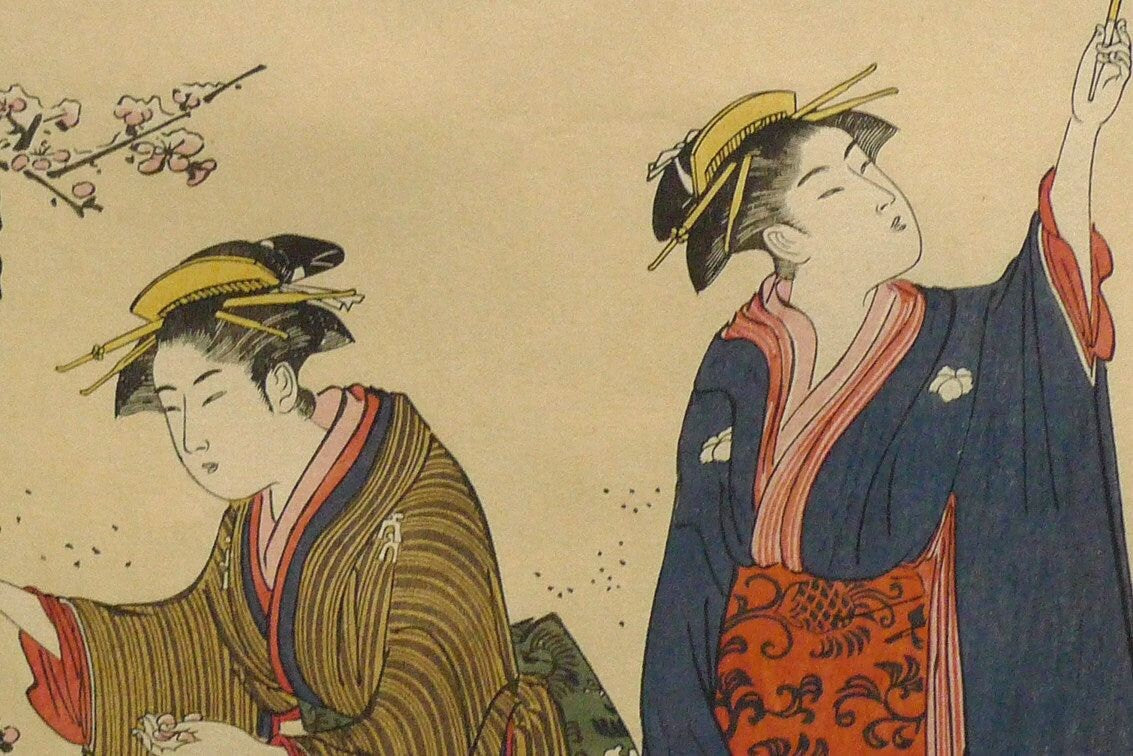 Japanese Ukiyo-e Woodblock print, Kiyonaga, "Women in Snowy Garden (left)"