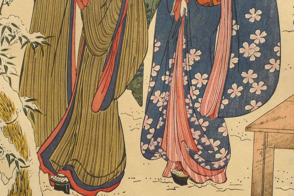 Japanese Ukiyo-e Woodblock print, Kiyonaga, "Women in Snowy Garden (left)"