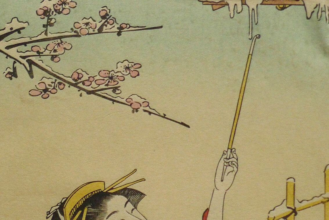 Japanese Ukiyo-e Woodblock print, Kiyonaga, "Women in Snowy Garden (left)"
