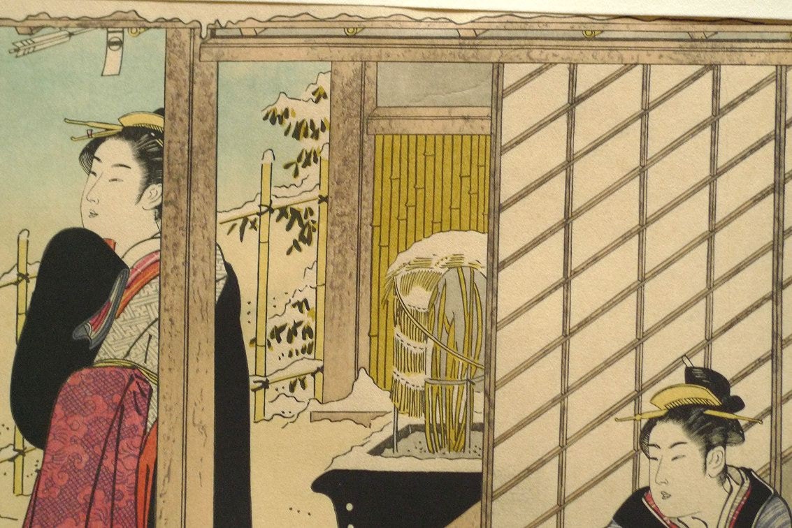 Japanese Ukiyo-e Woodblock print, Kiyonaga, "Women in Snowy Garden (right)"