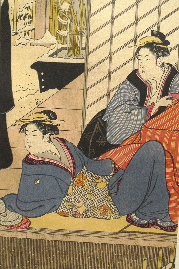 Japanese Ukiyo-e Woodblock print, Kiyonaga, "Women in Snowy Garden (right)"