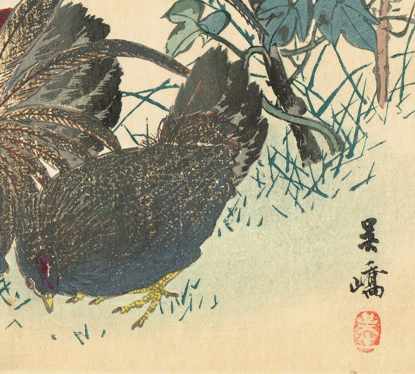 1913, Japanese Woodblock print, antique, Kobayashi Gokyo, "Fowl"