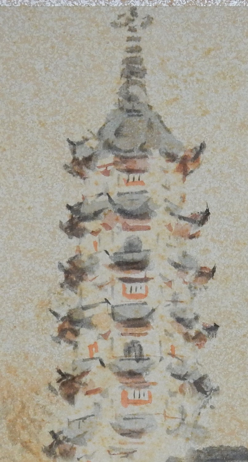 1936, Japanese antique print, Takeuchi Seihō, "Suzhou, Temple towers"