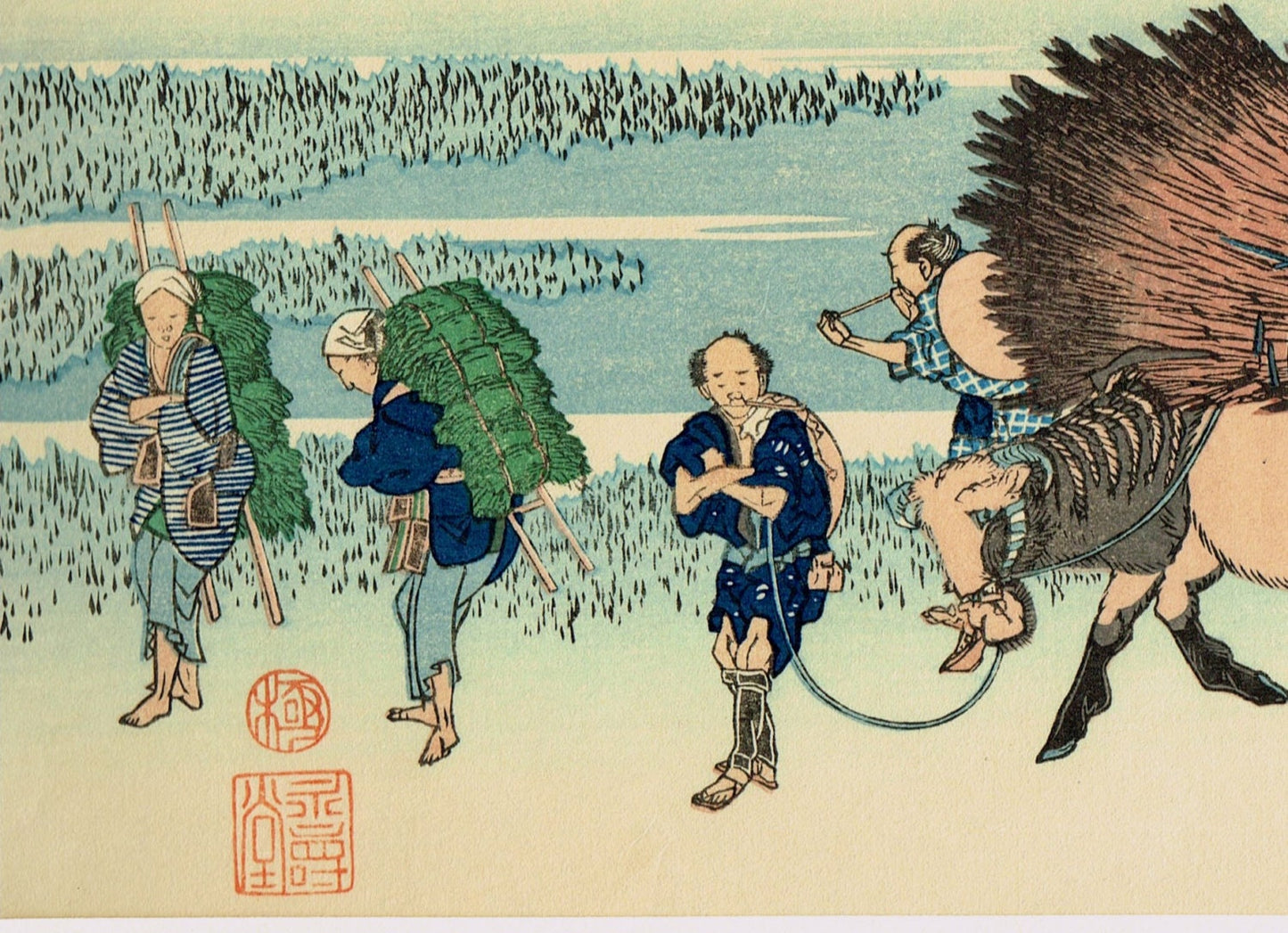 Japanese Ukiyo-e Woodblock print, Hokusai, "Ōno Shinden in the Suruga Province, from the series Thirty-six Views of Mount Fuji"