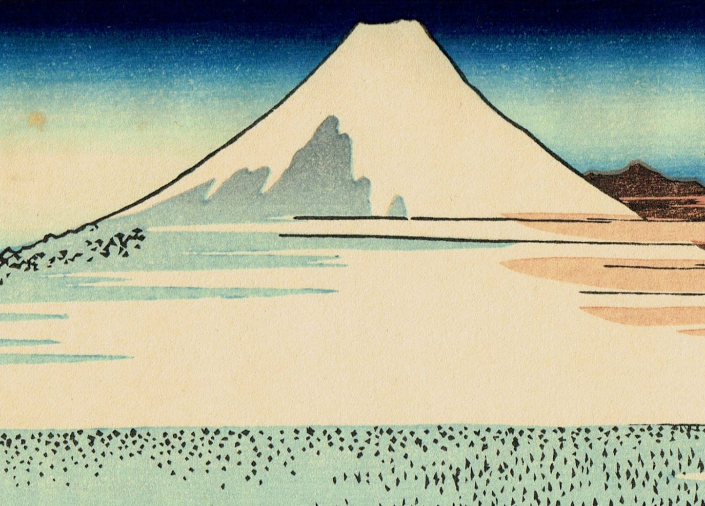 Japanese Ukiyo-e Woodblock print, Hokusai, "Ōno Shinden in the Suruga Province, from the series Thirty-six Views of Mount Fuji"