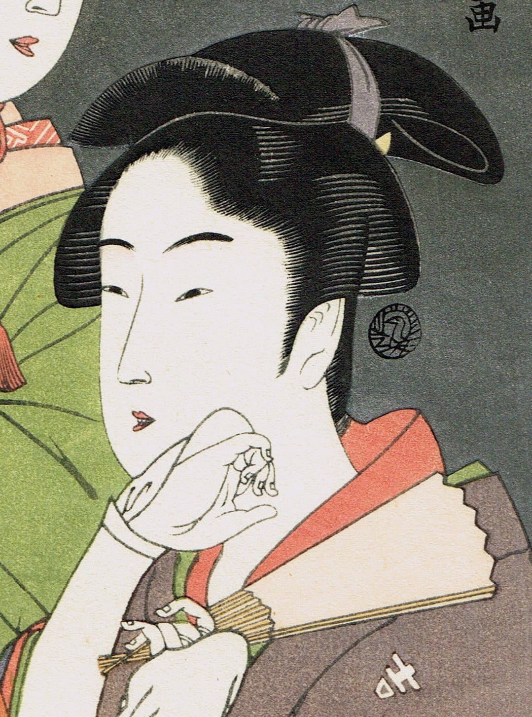 Japanese Ukiyo-e Woodblock print, Utamaro, "Entertainers at the Niwaka Festival in the Gay Quarters"