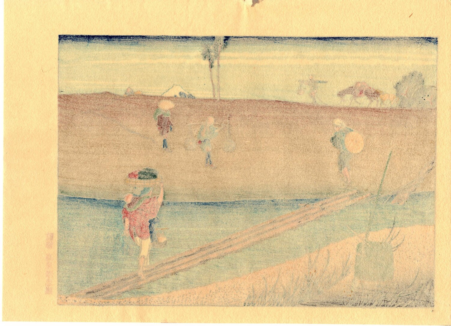 Japanese Ukiyoe, Woodblock print, Katsushika Hokusai, "Mt.fuji over the bank"