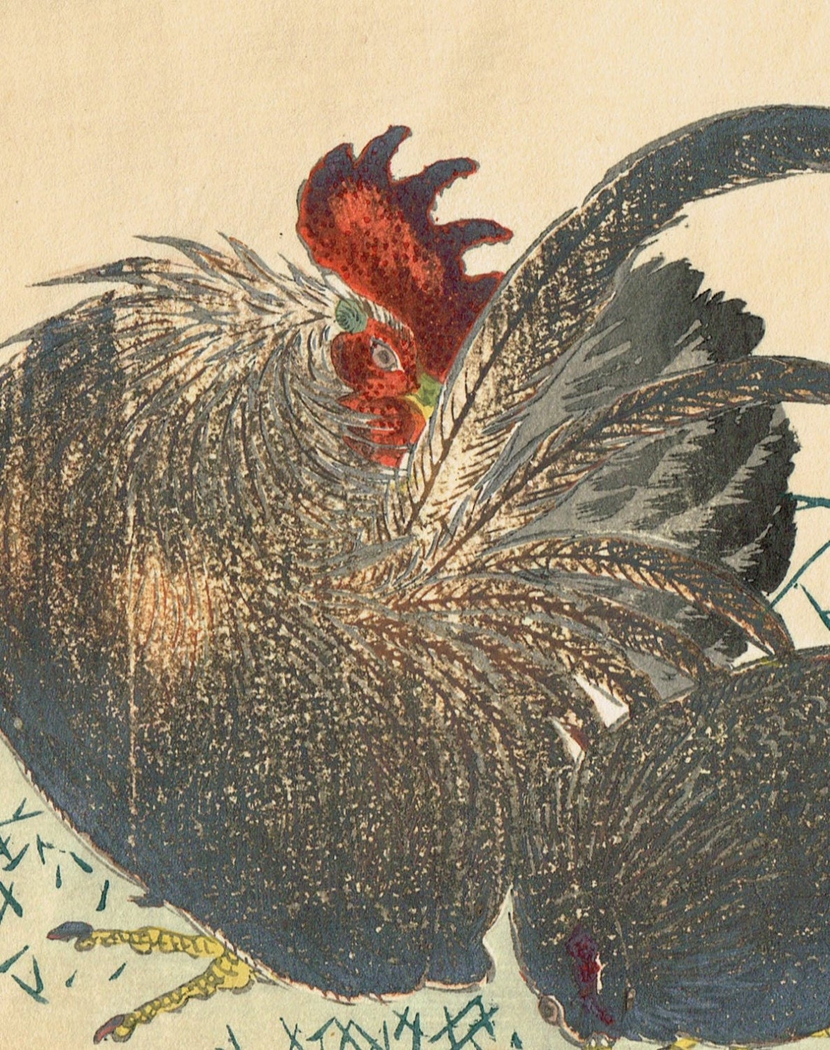 1913, Japanese Woodblock print, antique, Kobayashi Gokyo, "Fowl"