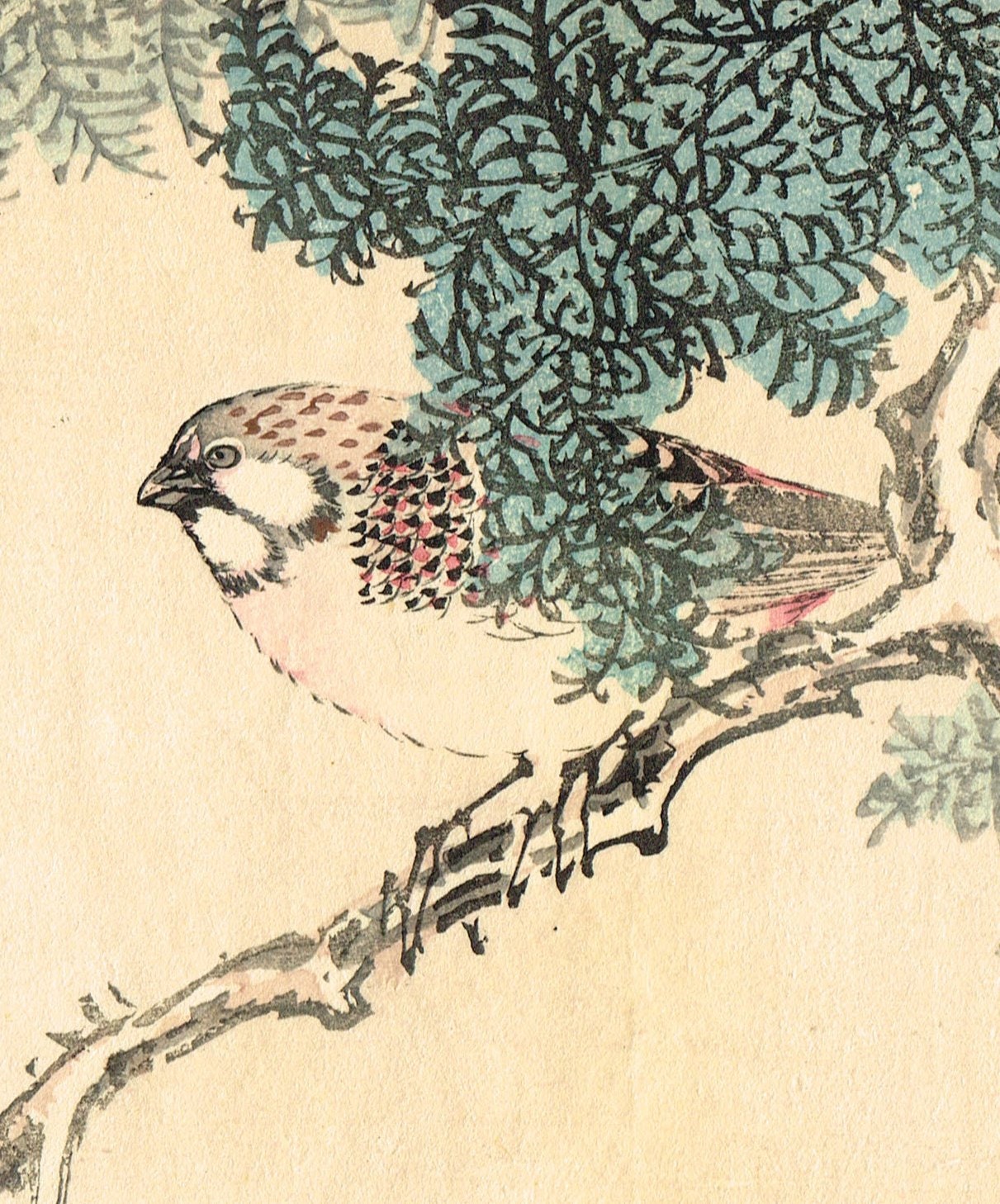 1913, Japanese Woodblock print, antique, Taniguchi Kakyo, "meadow bunting"