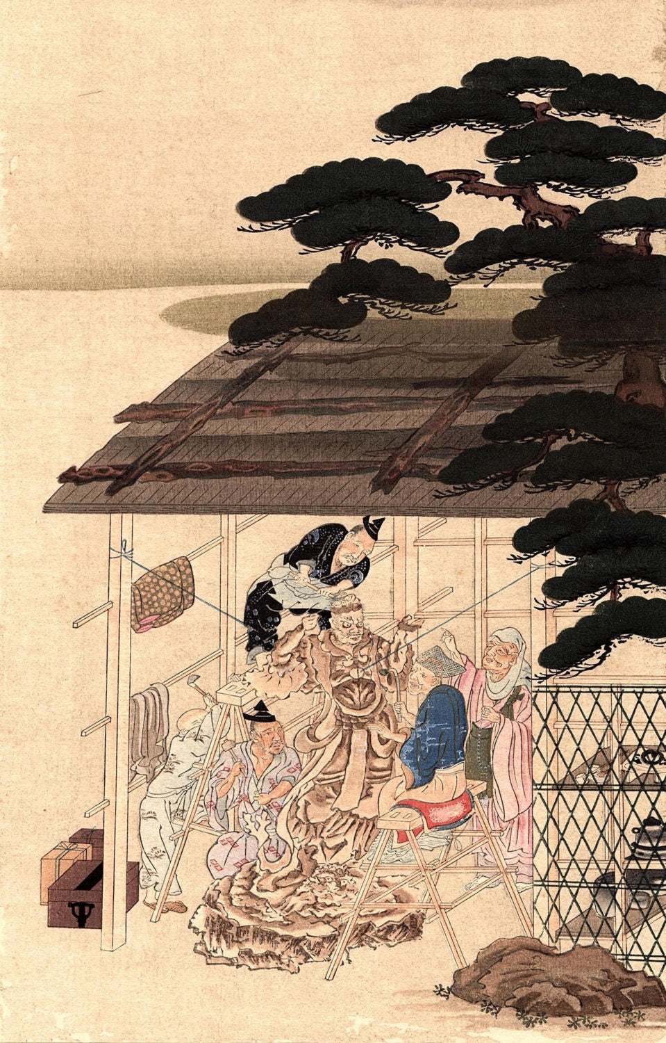 1923, Japanese vintage Woodblock print, Fujiwara Takakane, "Sculptor of Buddha image"