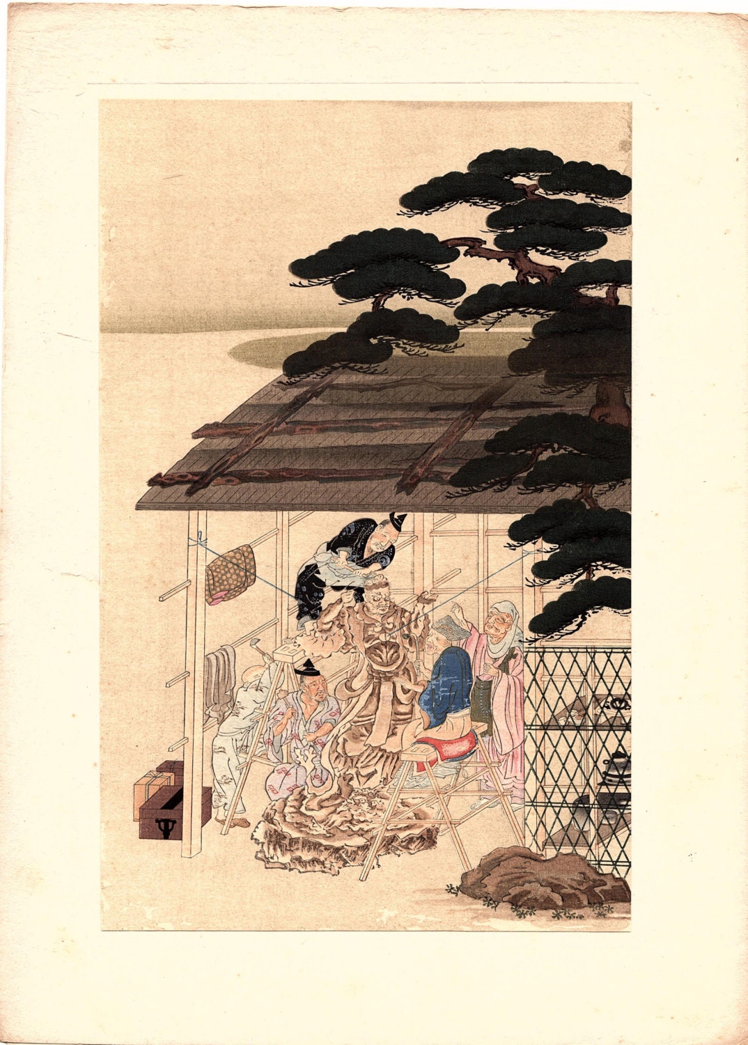 1923, Japanese vintage Woodblock print, Fujiwara Takakane, "Sculptor of Buddha image"
