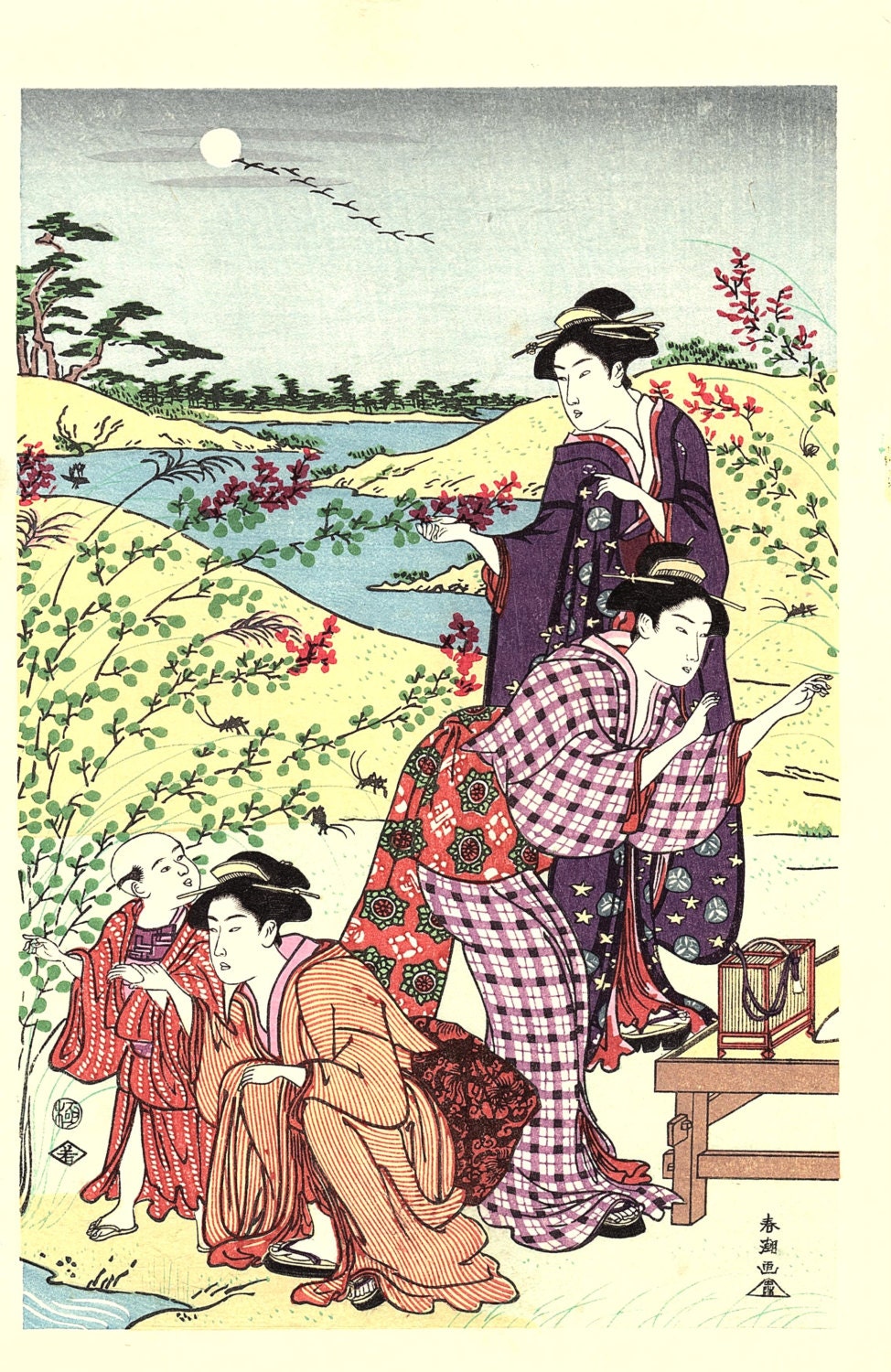Japanese Ukiyoe, Woodblock print, antique, Shuncho,  "A Picnic Party in Autumn" 3