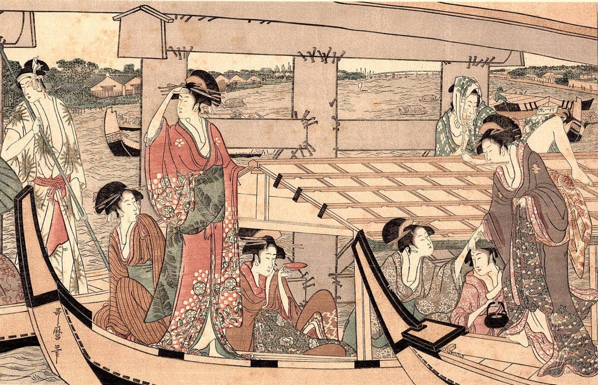 1923, Japanese vintage Woodblock print, Utamaro "Enjoying the Cool at the Ryogoku Bridge"
