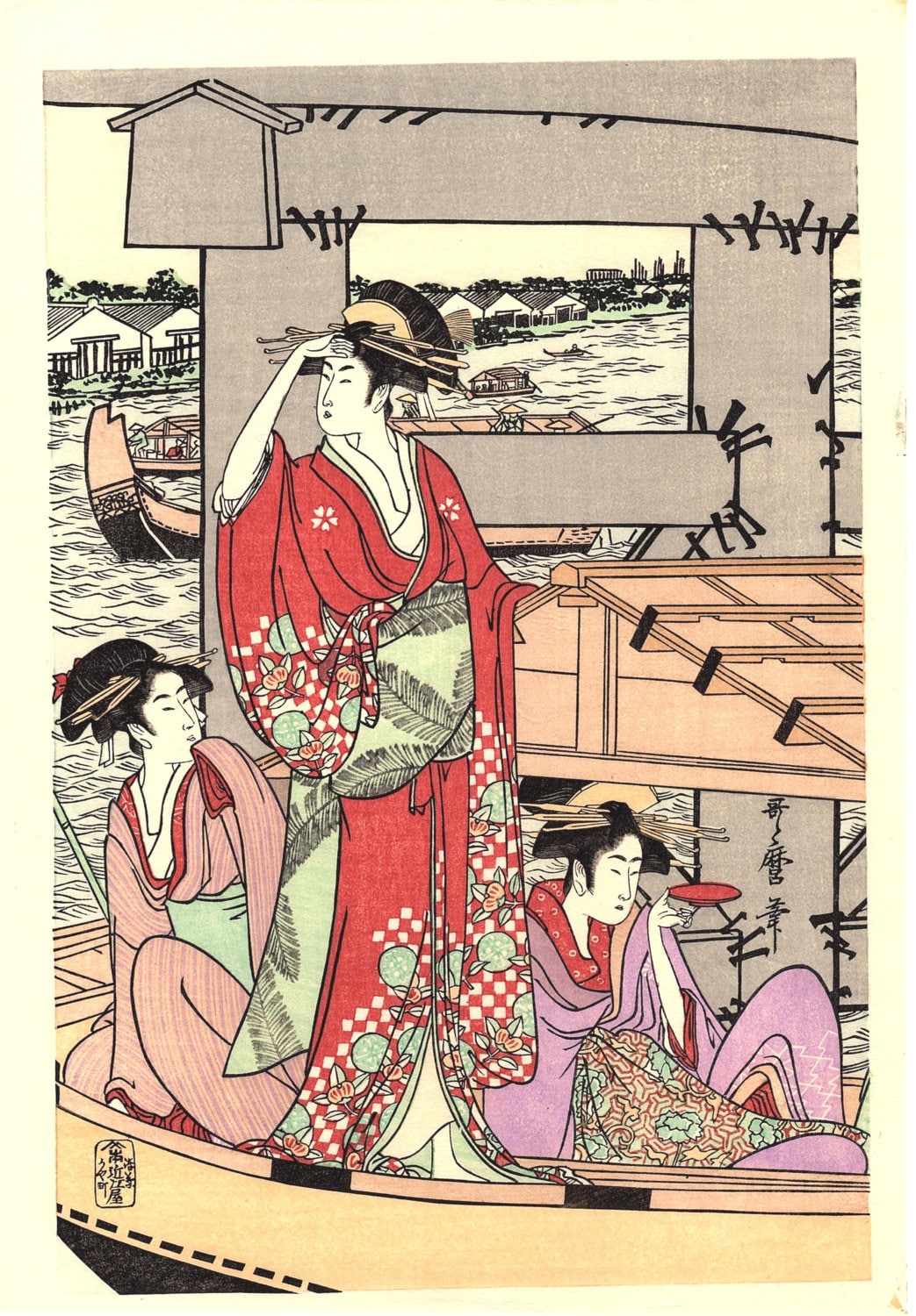 Japanese Ukiyoe, Woodblock print, Utamaro, " Ryôgoku Bridge shita" 2