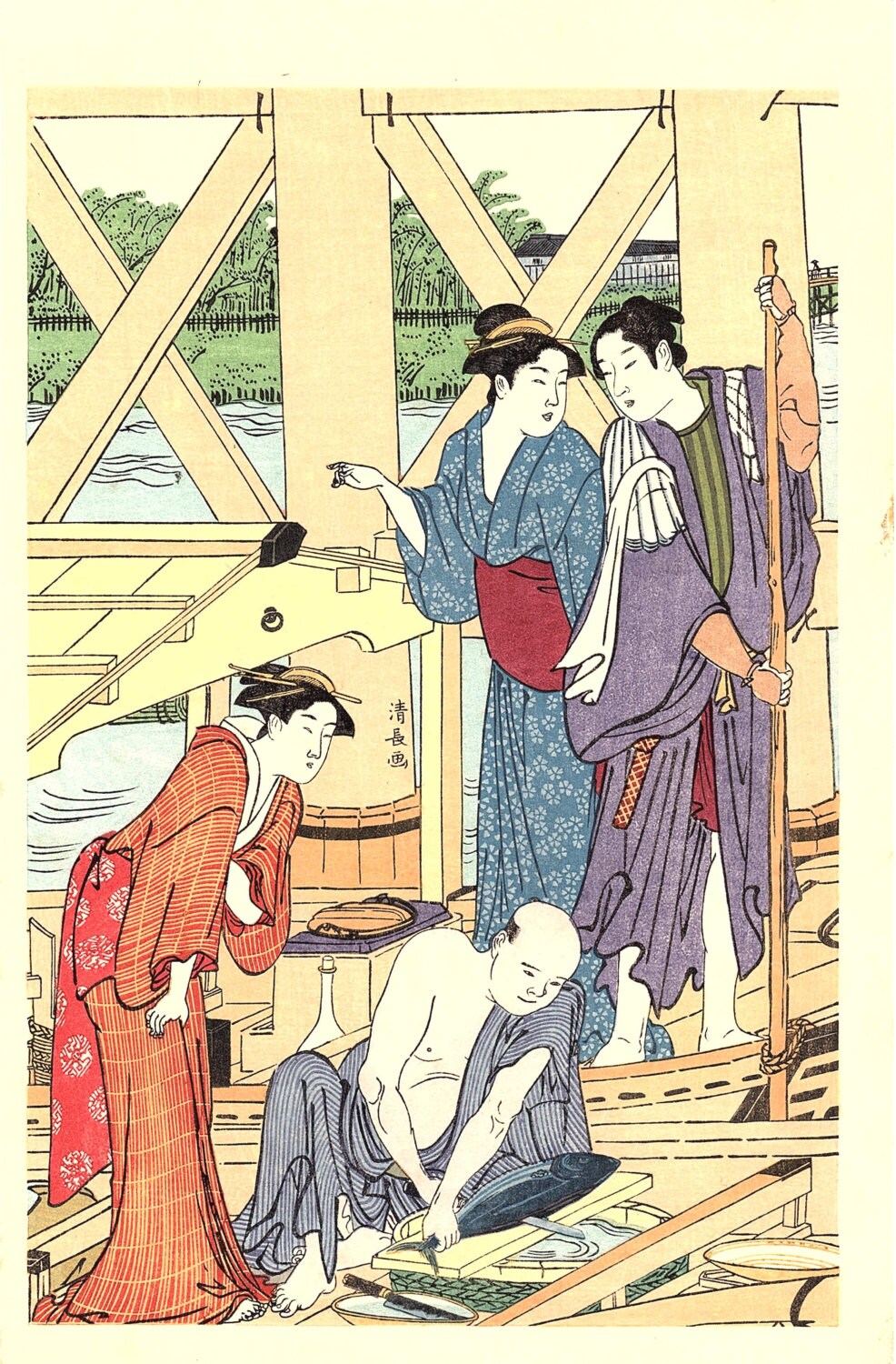 ese Ukiyoe, Woodblock print, antique, Kiyonaga,  "A Boating Party" 1
