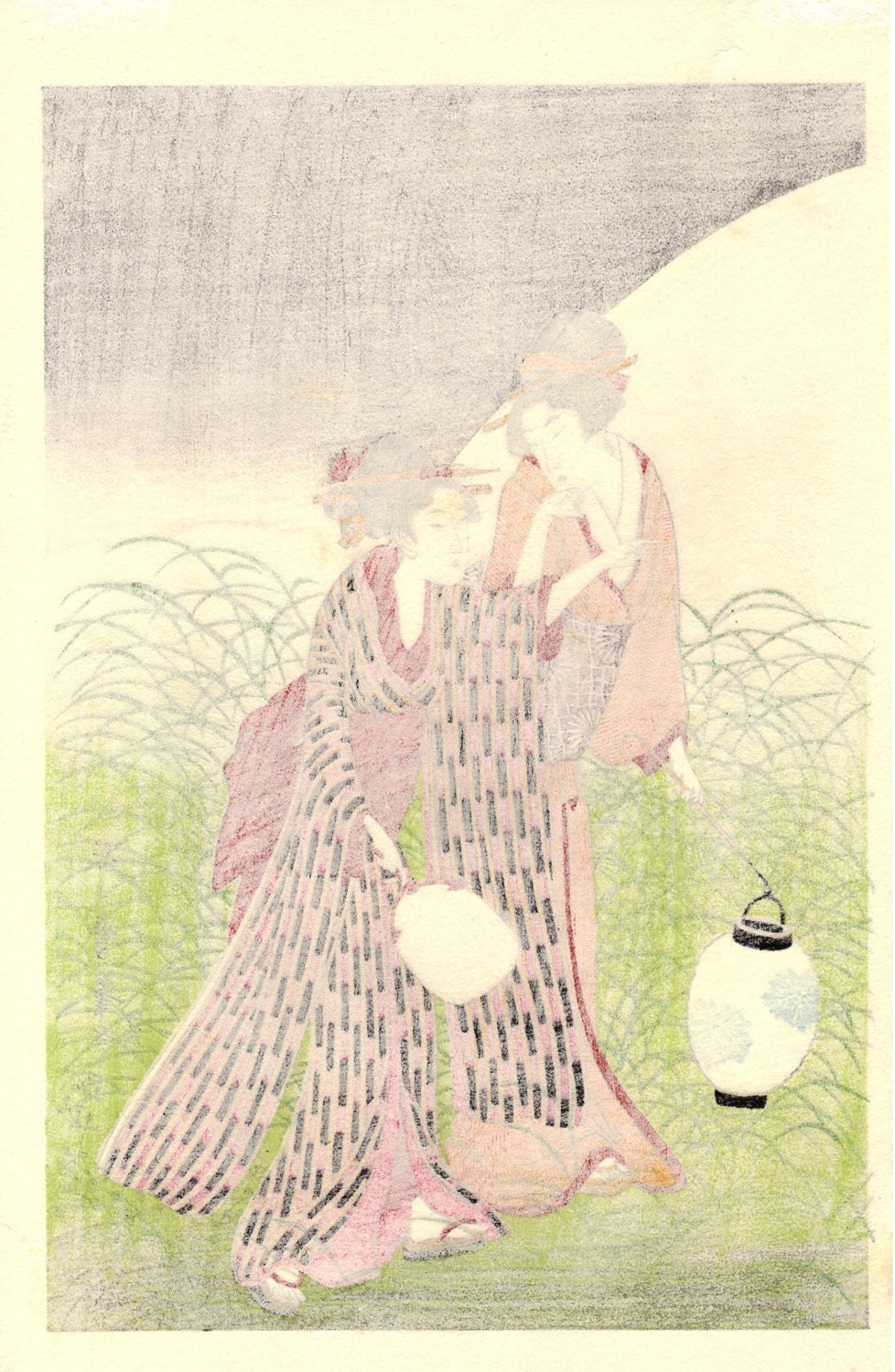 Japanese Ukiyoe, Woodblock print, antique, Utamaro,  "Musashino" 2