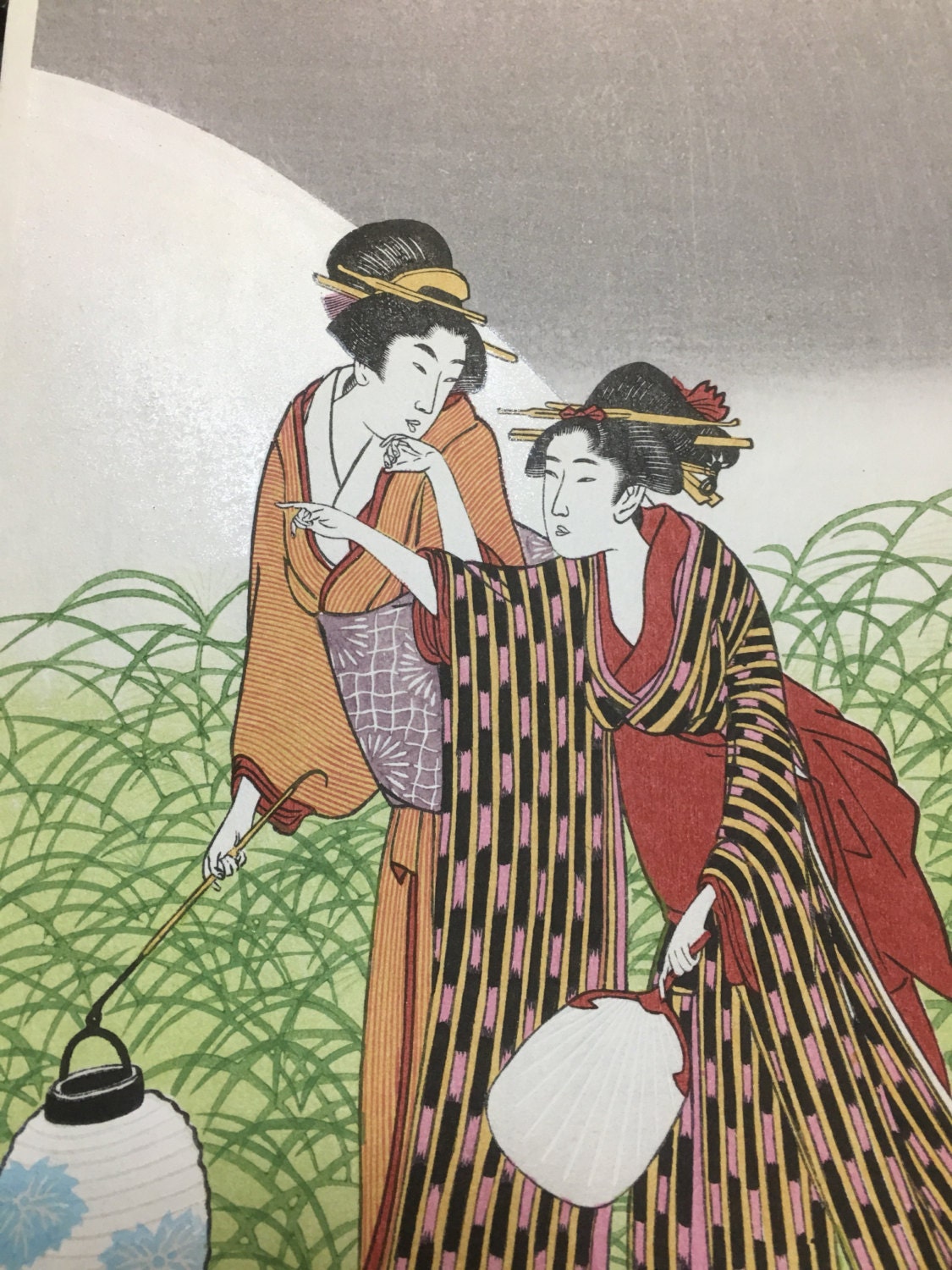Japanese Ukiyoe, Woodblock print, antique, Utamaro,  "Musashino" 2