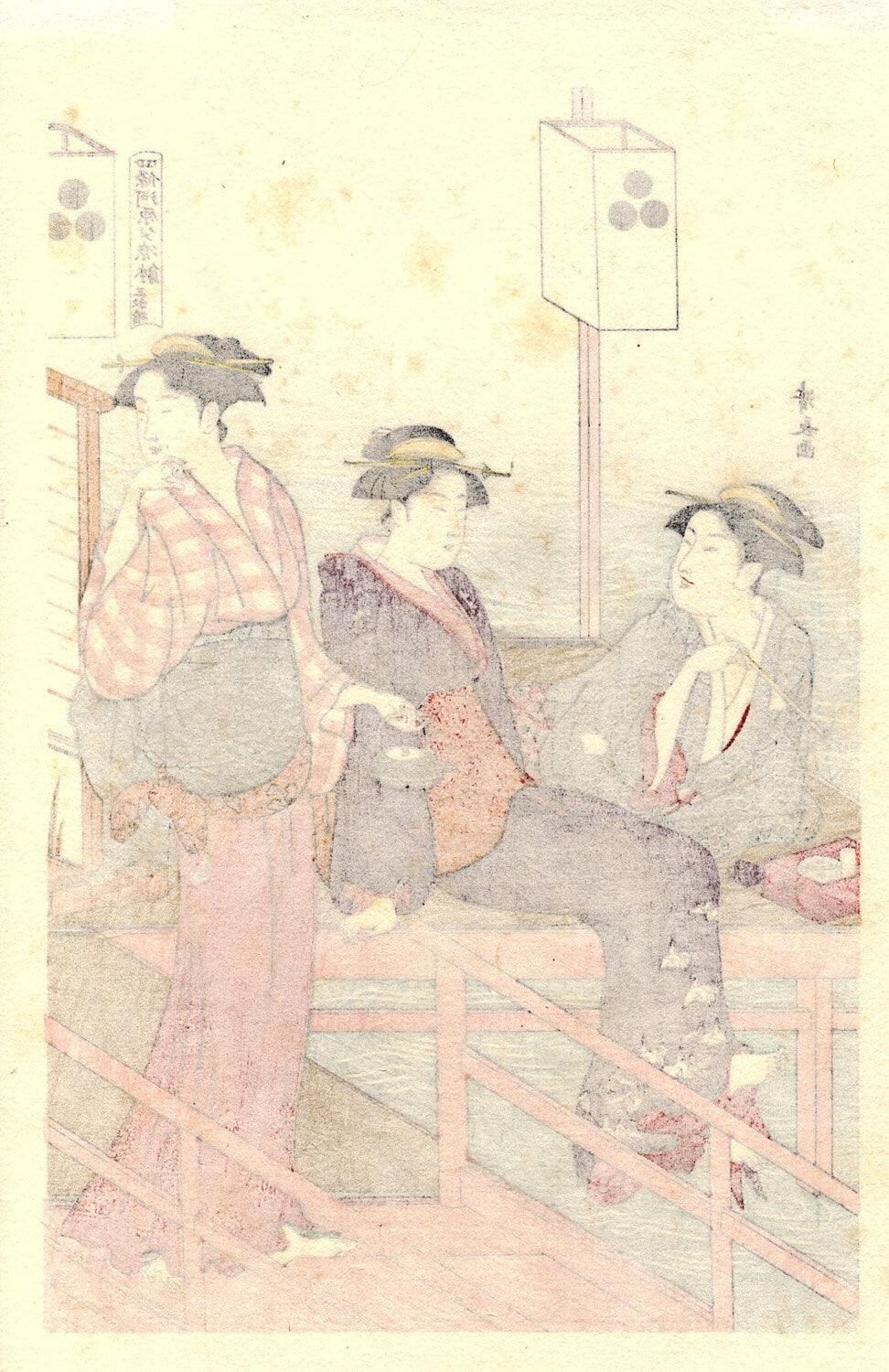 Japanese Ukiyoe, Woodblock print, antique, Kiyonaga,  "Cooling off in the Evening at Shijo Riverbank" 1