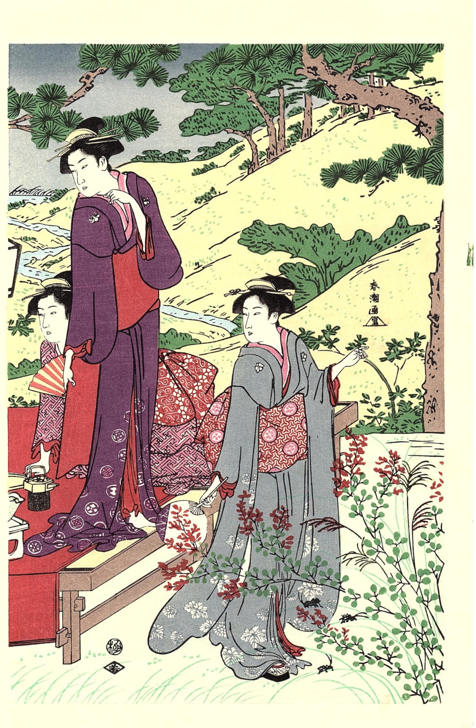 Japanese Ukiyoe, Woodblock print, antique, Shuncho,  "A Picnic Party in Autumn" 1