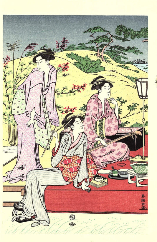 Japanese Ukiyoe, Woodblock print, antique, Katsukawa Shuncho,  "A Picnic Party in Autumn" 2