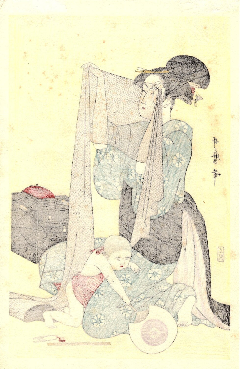 Japanese Ukiyoe, Woodblock print, antique, Utamaro,  "Needlework" 3