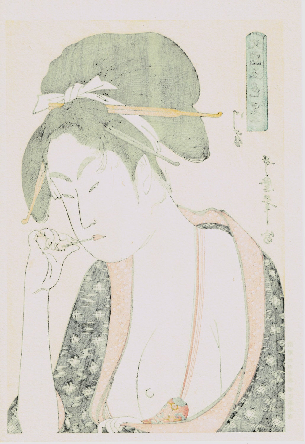 Japanese Ukiyo-e Woodblock print, Utamaro, "5 Shades of Ink in the Northern Quarte, Moatside Prostitute"