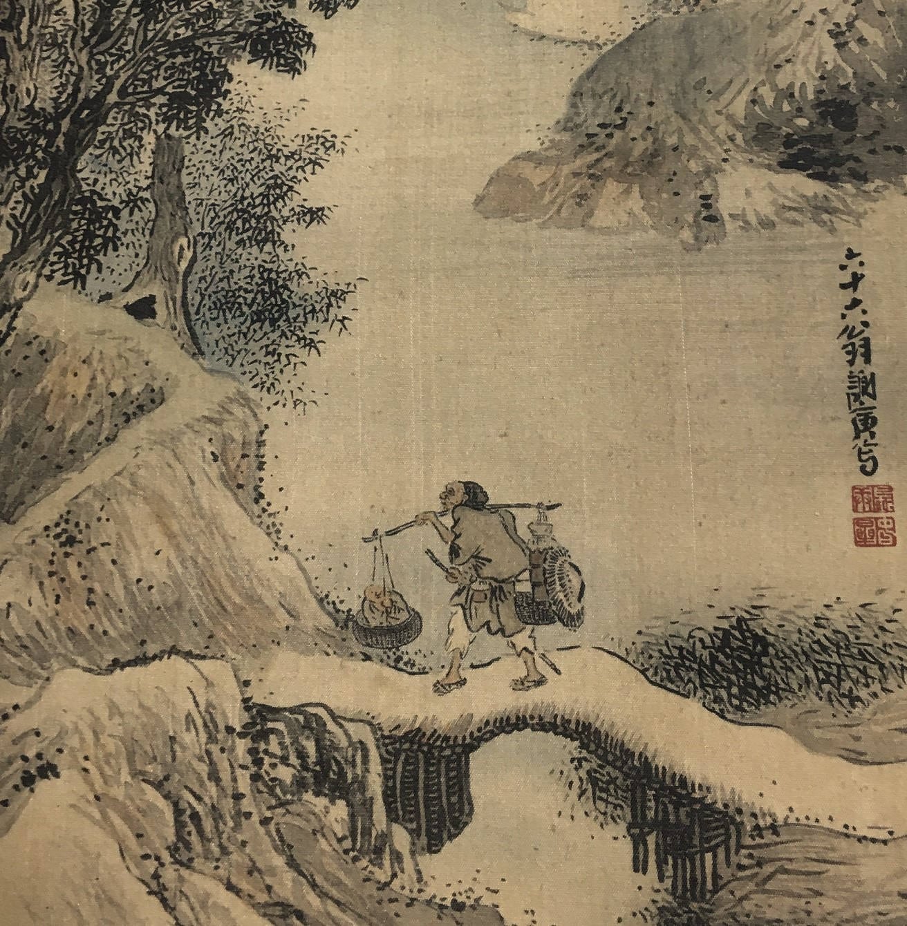 1909, Japanese antique woodblock print, Yosa Buson, "渓村晩露、秋林伐木図双福".