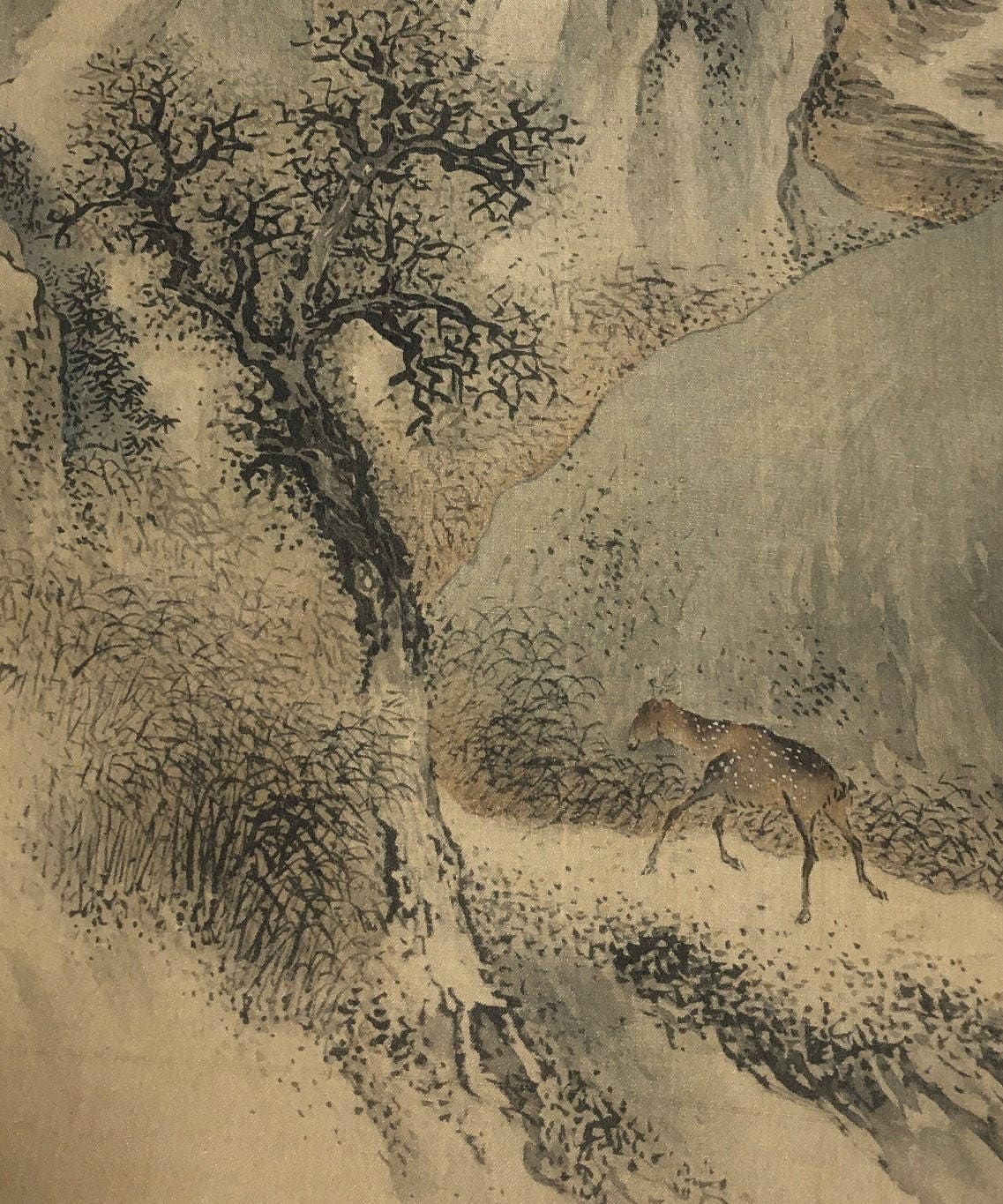 1909, Japanese antique woodblock print, Yosa Buson, "渓村晩露、秋林伐木図双福".