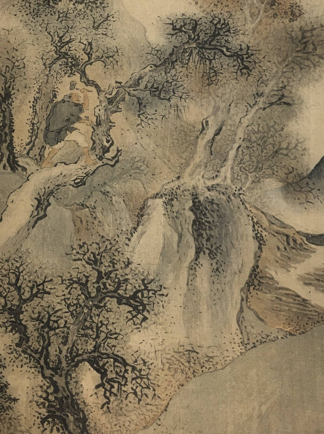 1909, Japanese antique woodblock print, Yosa Buson, "渓村晩露、秋林伐木図双福".