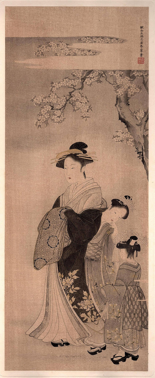 Japanese antique Ukiyoe, woodcut print, 1906, Japanese antique woodblock print, Katsukawa Shunsho, "花下美人図", from Ukiyoe-ha-gashu.