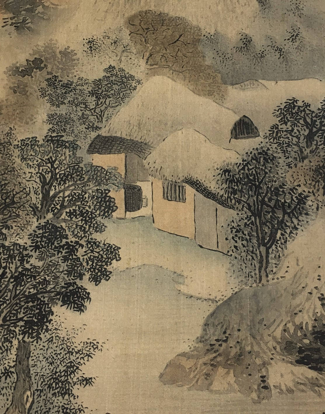 1909, Japanese antique woodblock print, Yosa Buson, "渓村晩露、秋林伐木図双福".