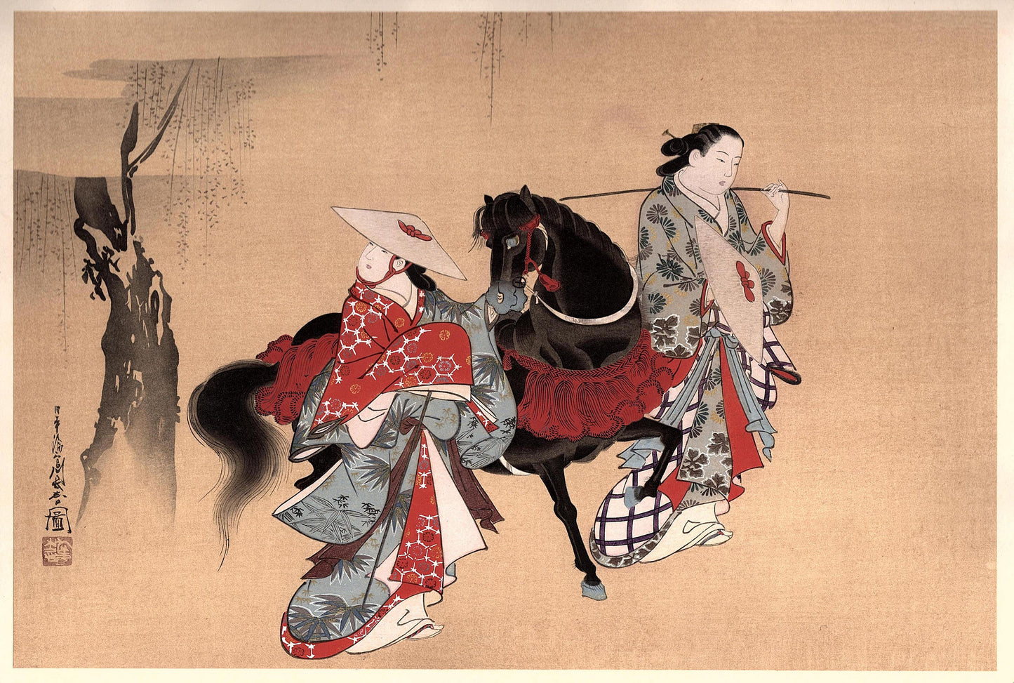 Japanese antique Ukiyoe, woodcut print, 1906, Japanese antique woodblock print, Miyagawa Choshun, "美人駒牽図", from Ukiyoe-ha-gashu.