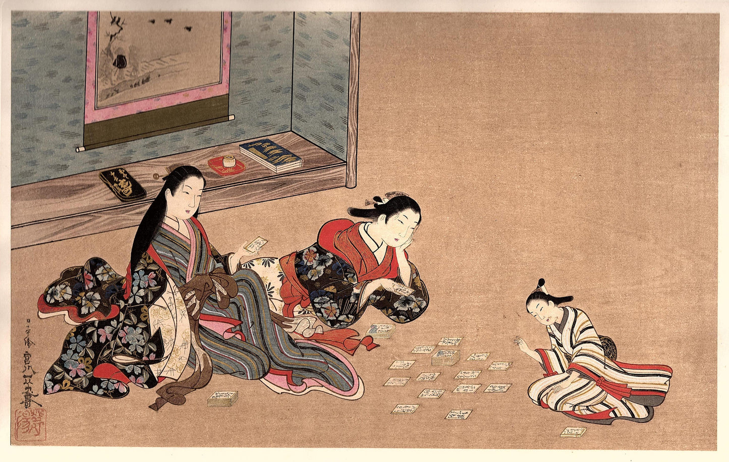 Japanese antique Ukiyoe, woodcut print, 1906, Japanese antique woodblock print, Miyagawa Issho, "美人弄骨牌図", from Ukiyoe-ha-gashu.