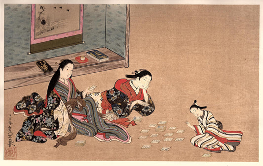 Japanese antique Ukiyoe, woodcut print, 1906, Japanese antique woodblock print, Miyagawa Issho, "美人弄骨牌図", from Ukiyoe-ha-gashu.