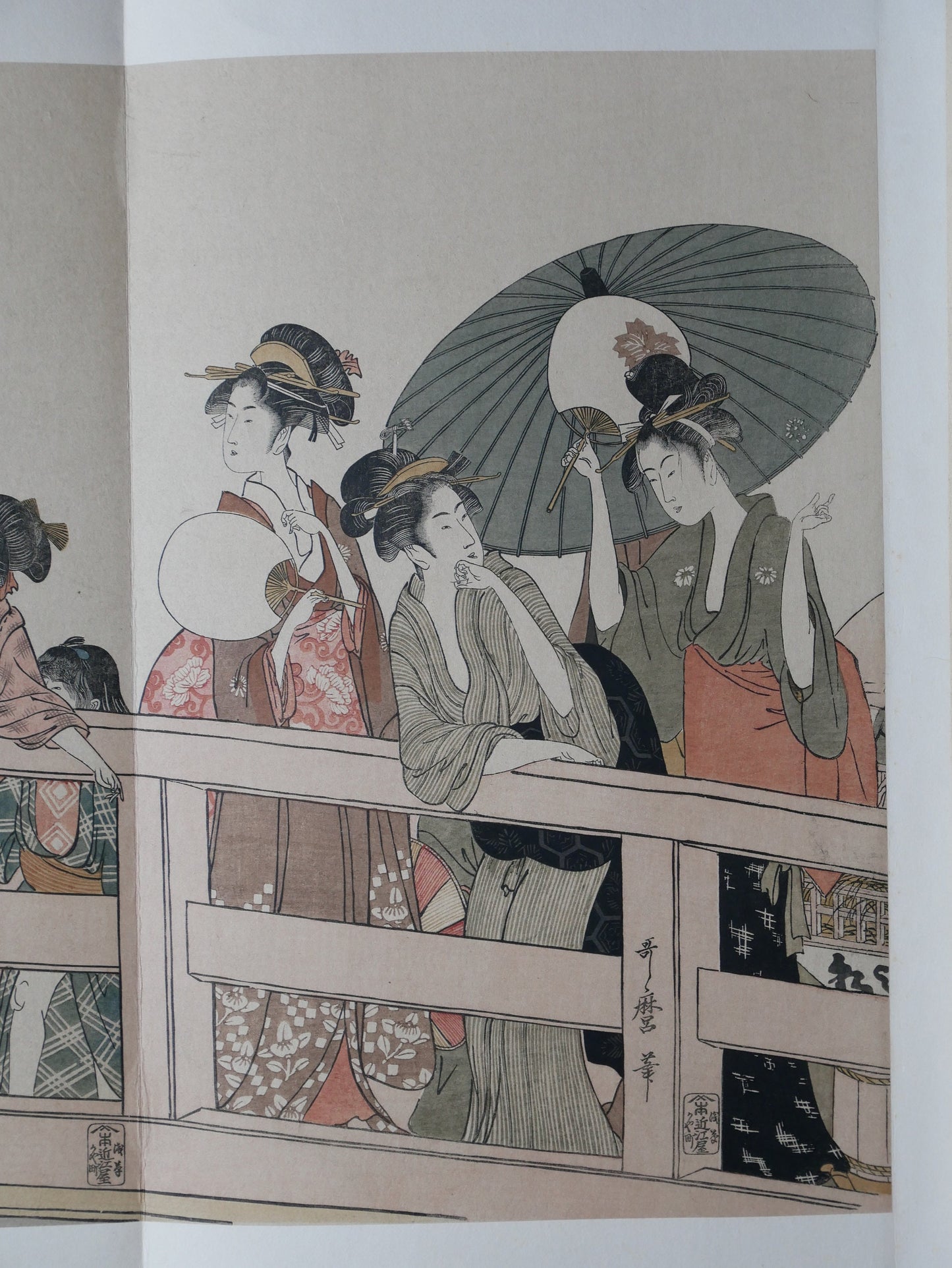 Ukiyoe-ha-gashu, 1906, Japanese antique woodblock print, Kitagawa Utamaro, "On Top of and beneath Ryôgoku Bridge"