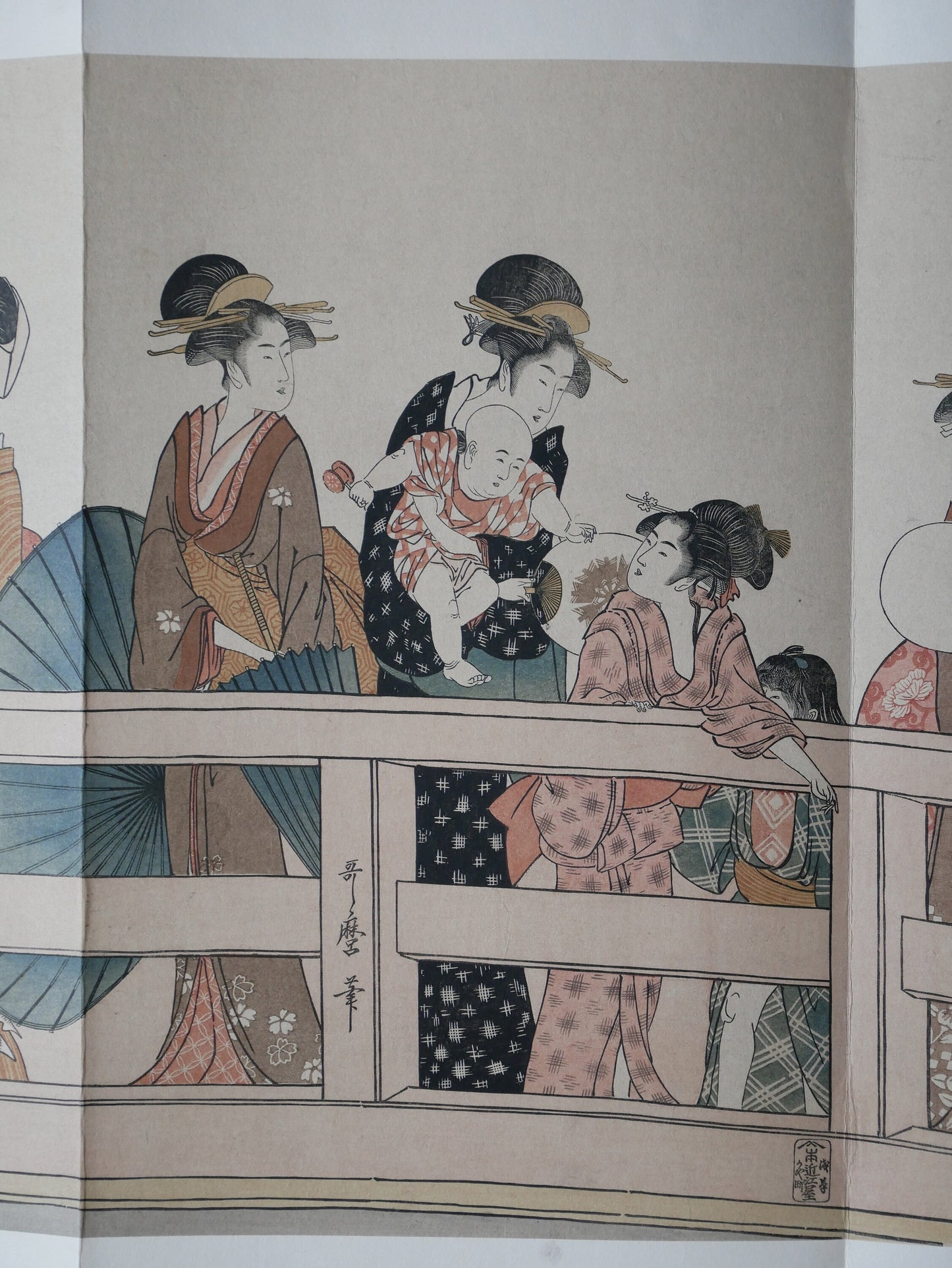 Ukiyoe-ha-gashu, 1906, Japanese antique woodblock print, Kitagawa Utamaro, "On Top of and beneath Ryôgoku Bridge"