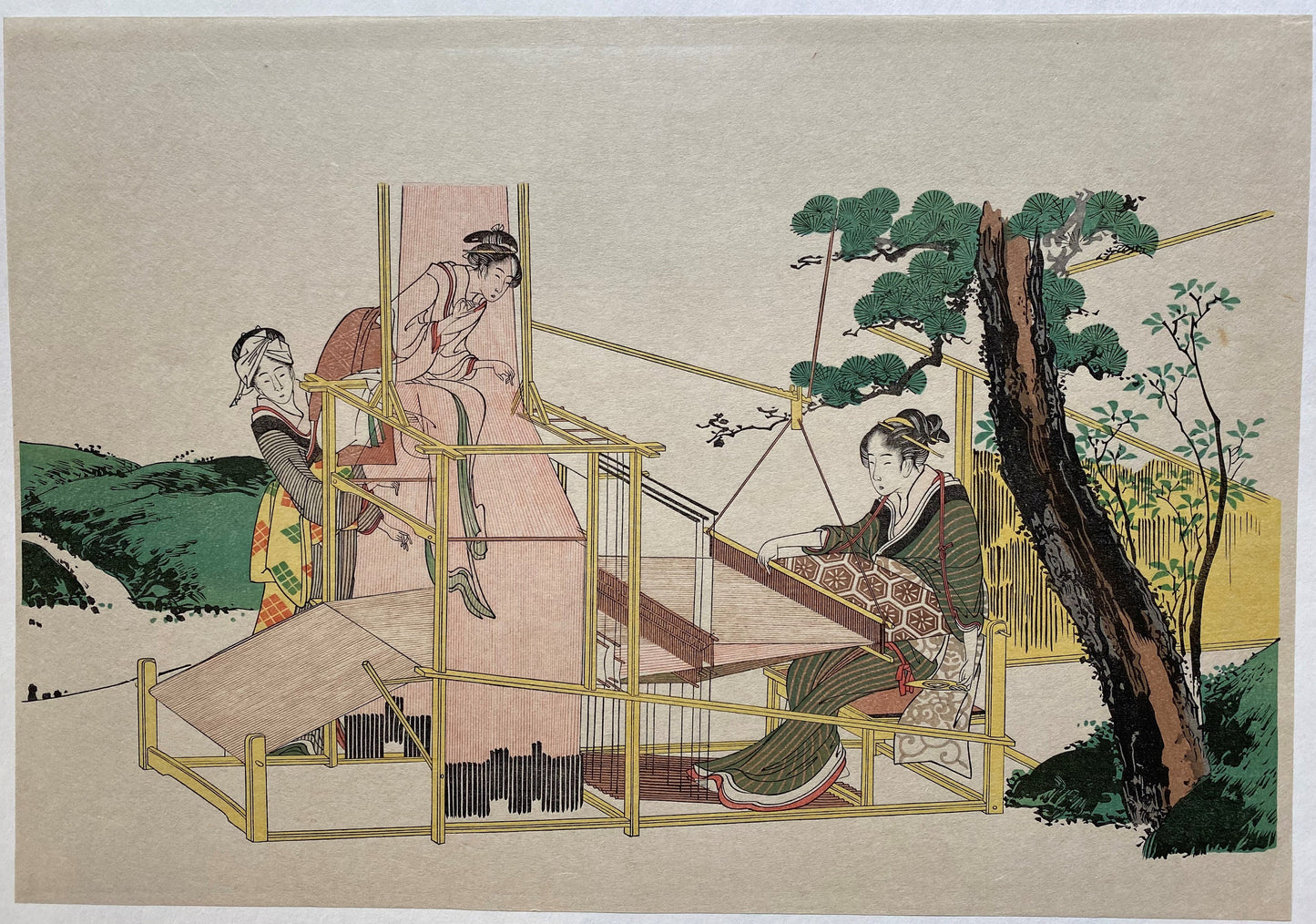 Japanese Ukiyo-e, Woodcut print, 1972, Katsushika Hokusai, "Weaving".