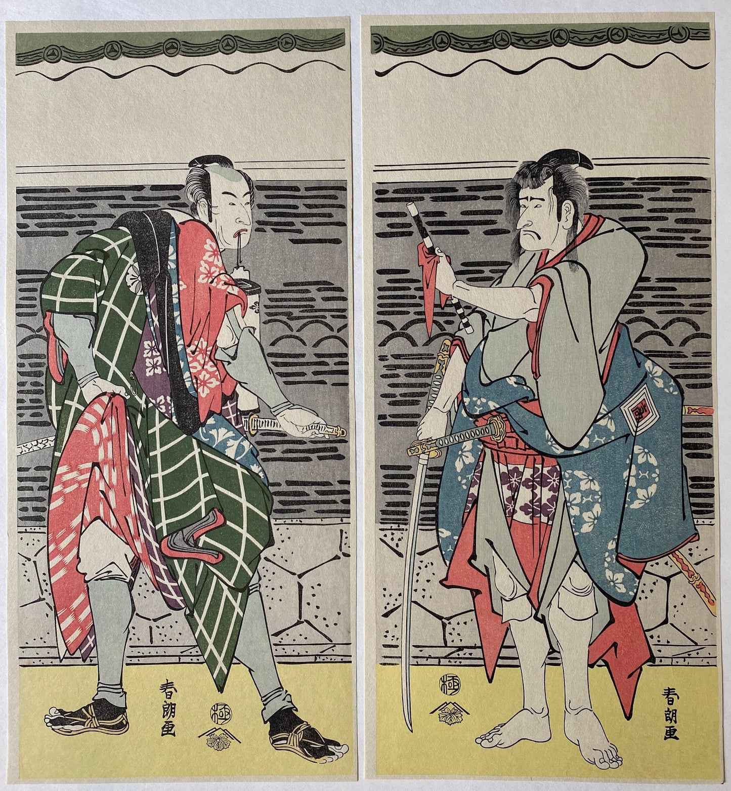 Japanese Ukiyo-e, Woodcut print, 1972, Katsushika Hokusai, "The actors Ichikawa Kokazo 3 and Matsumoto Koshiro 4 ".