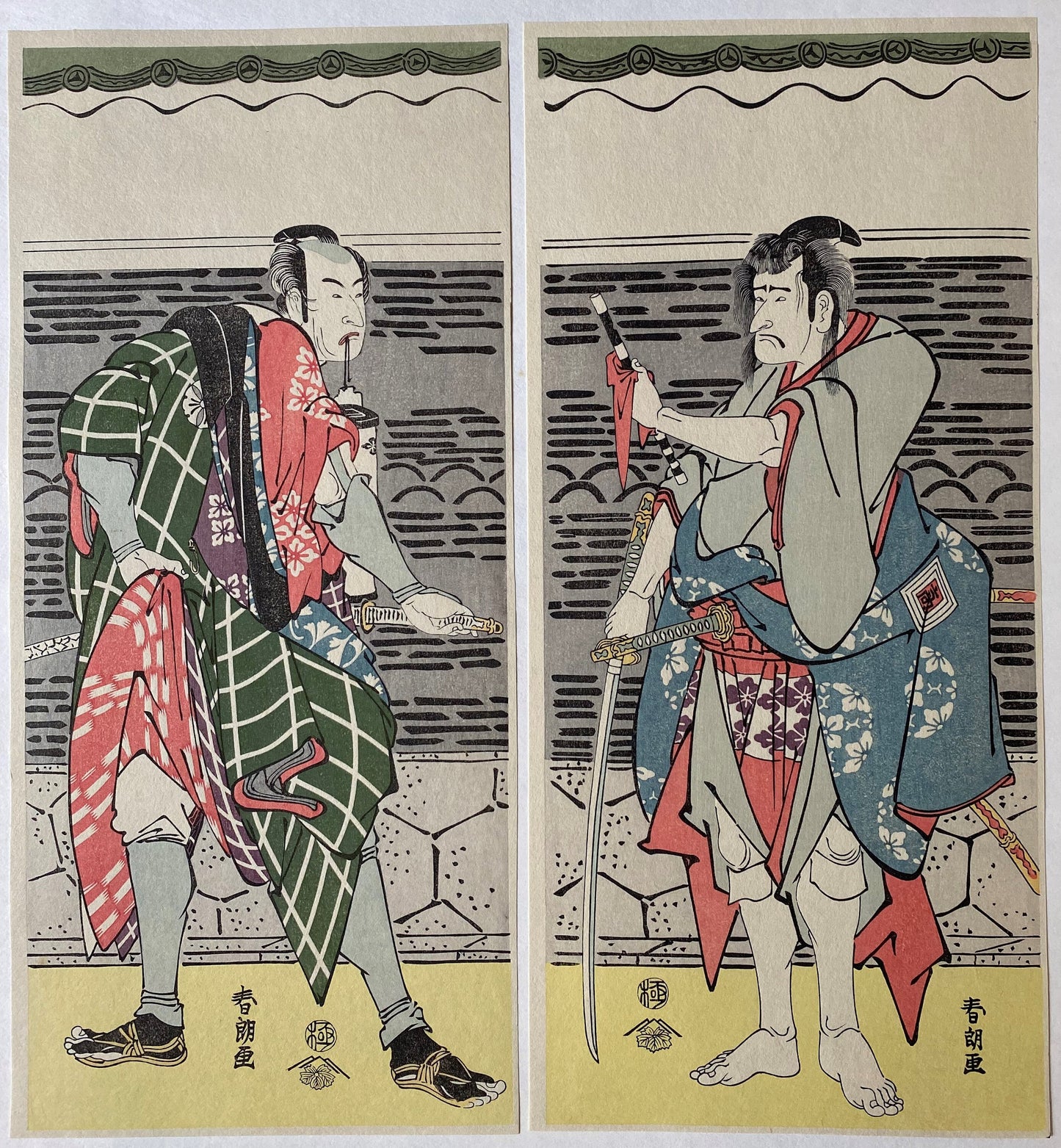 Japanese Ukiyo-e, Woodcut print, 1972, Hokusai, "The actors Ichikawa Kokazo 3 and Matsumoto Koshiro 4 ".
