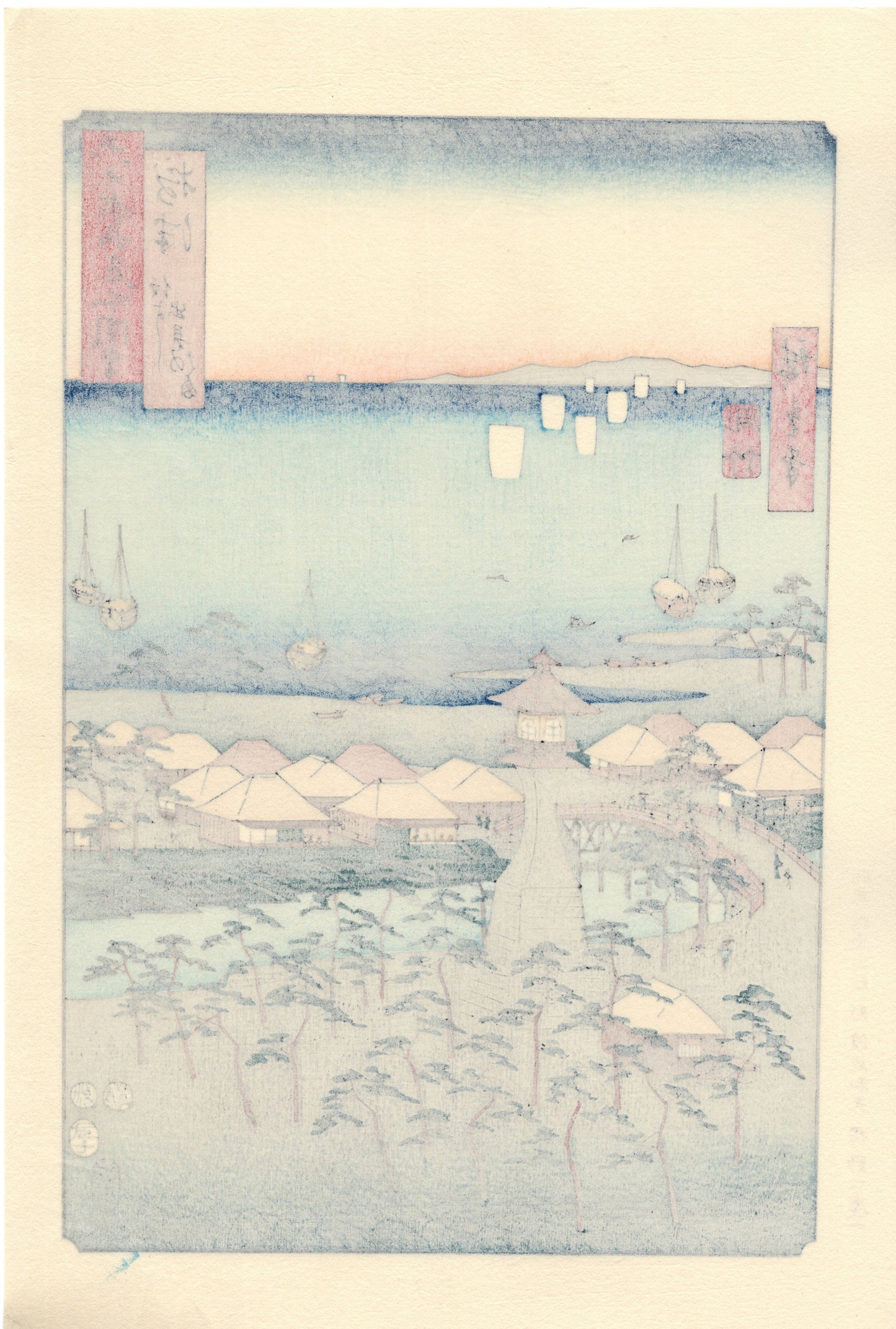 Japanese Ukiyoe, woodcut print,  Hiroshige, "Settsu Province: Sumiyoshi, Idemi Beach (Settsu, Sumiyoshi, Idemi no hama)"
